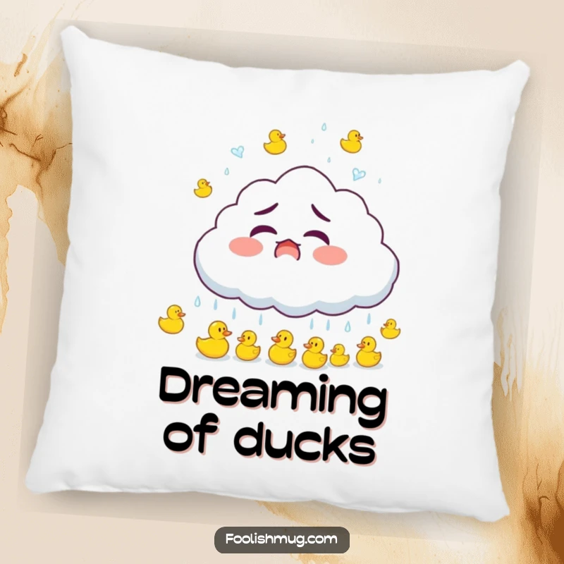 Funny startled cloud character raining tiny bouncing rubber ducks, a soft and humorous pillow, a sweet funny gift.