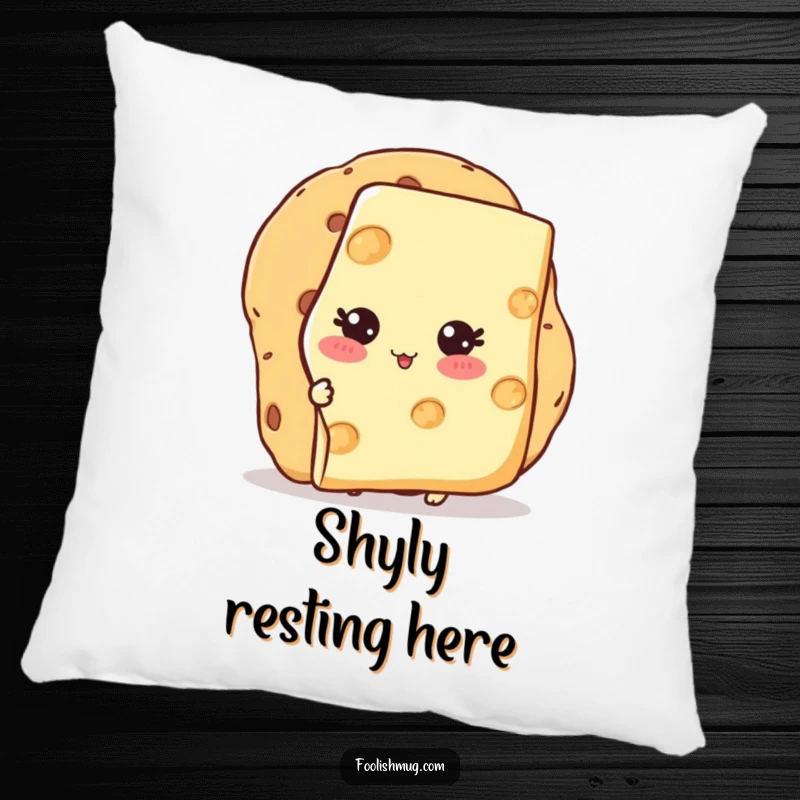 Funny Pillow with a blushing cheese slice character hiding behind a cracker, offering comfort and comic charm.