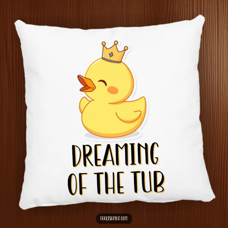 Funny singing rubber duck wearing a tiny crown, on a soft pillow, bringing musical comfort.
