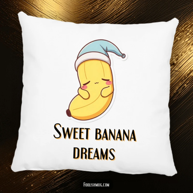 Funny sleepy banana character wearing a nightcap, looking very drowsy on a soft pillow.
