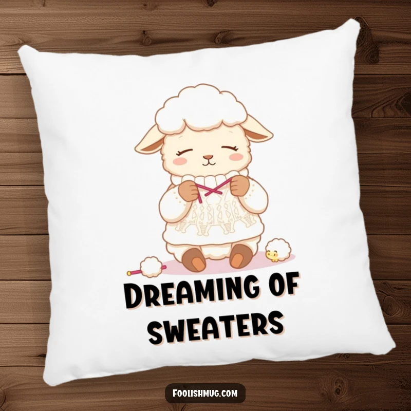 Funny sheep pillow, depicting a sleepy sheep humorously knitting a sweater from its own wool, perfect for a cozy, funny accent.