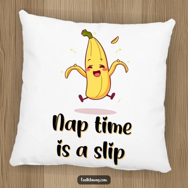 Funny banana peel character comically slipping on itself, a soft and humorous pillow, a sweet funny gift.