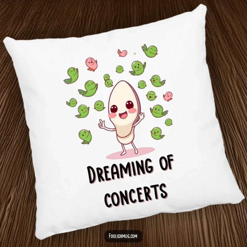 Funny Pillow with a happy spoon character conducting a flying pea orchestra, bringing comfort and comic charm.