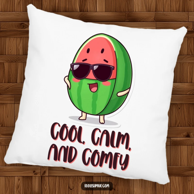 Funny Watermelon Pillow: A plush pillow depicting a proud watermelon slice wearing cool sunglasses, perfect for relaxing in style.