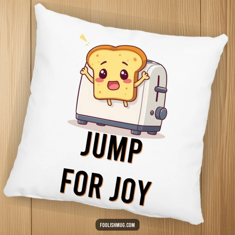 Funny pillow depicting a surprised bread slice comically leaping out of a toaster, providing comfort and breakfast humor as a funny gift.