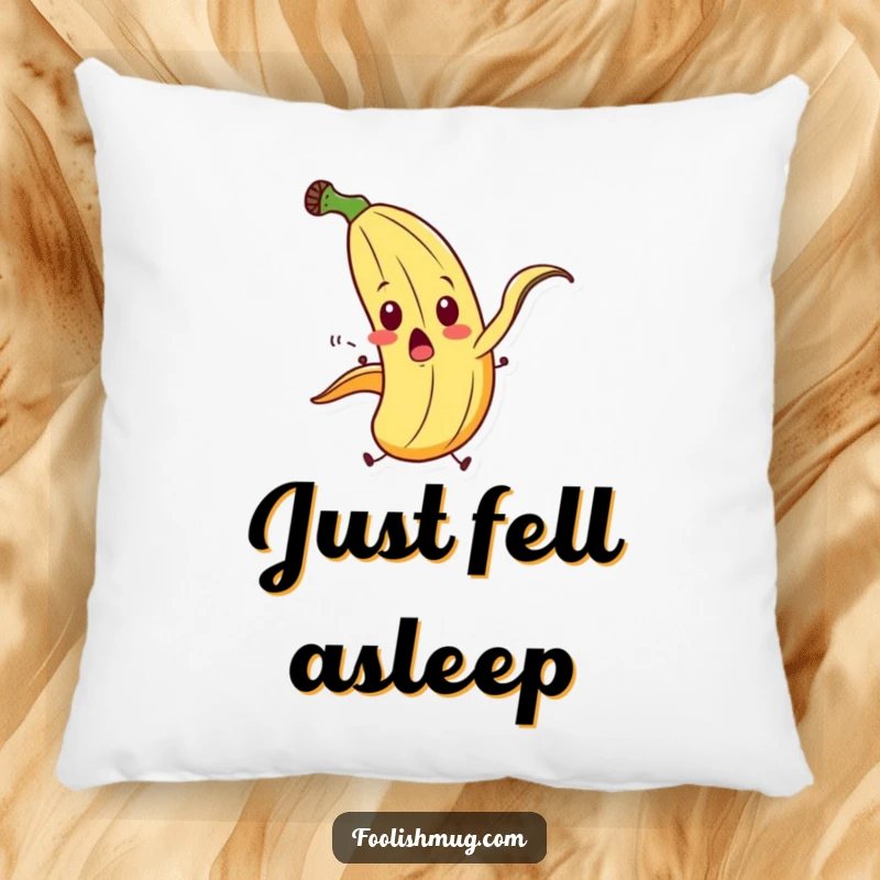 Funny banana peel character comically slipping on itself with exaggerated motion on a pillow, offering humorous comfort.