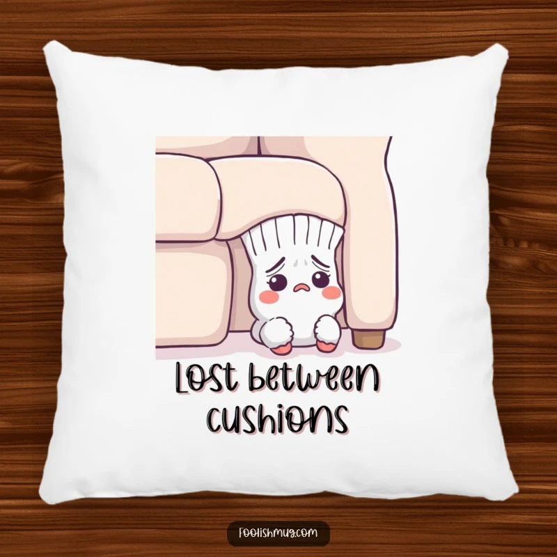Funny Pillow: A flustered sock character peeking from underneath a sofa, offering comfort and a humorous visual.