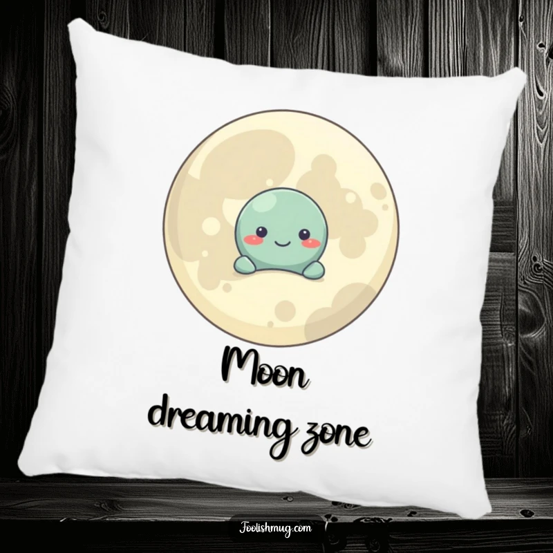 Funny Pillow: A plush pillow showing a shy planet character behind a smiling moon, offering cozy cosmic vibes.