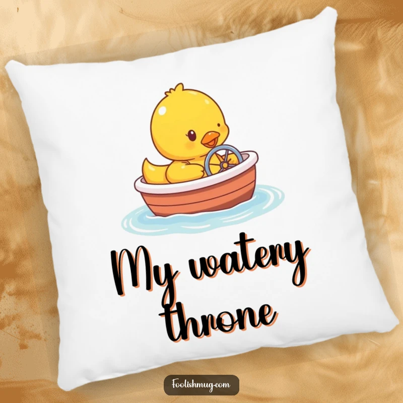 Funny rubber ducky character piloting a miniature bathtub boat, printed on a soft, decorative pillow.