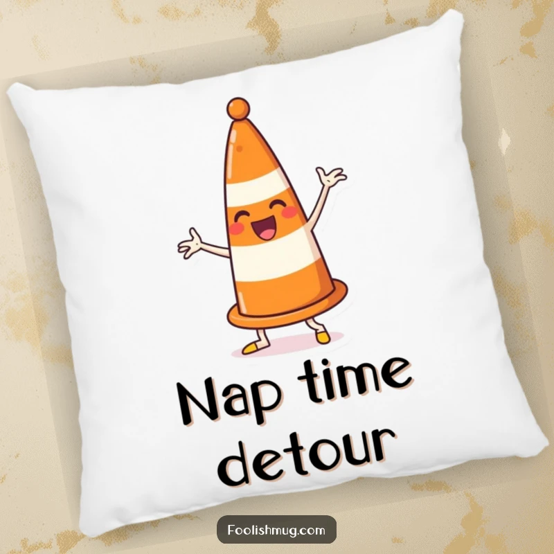 Funny traffic cone pillow, enthusiastically dancing and comically blocking its own path, providing humorous comfort and quirky decor.