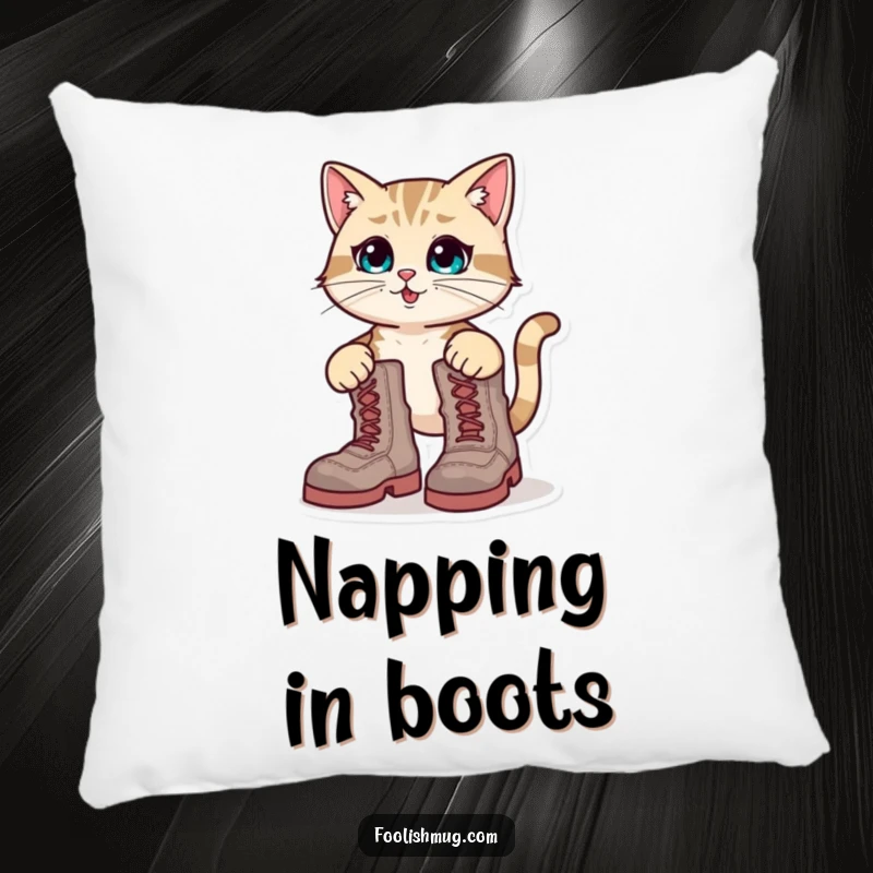 Funny Pillow: A cat comically trying to wear boots that are ridiculously too big for its paws.