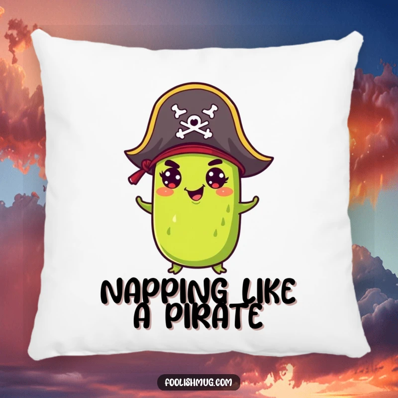 Funny Pillow: A mischievous pickle in a tiny pirate hat offers comfortable support and a splash of humorous, nautical delight.