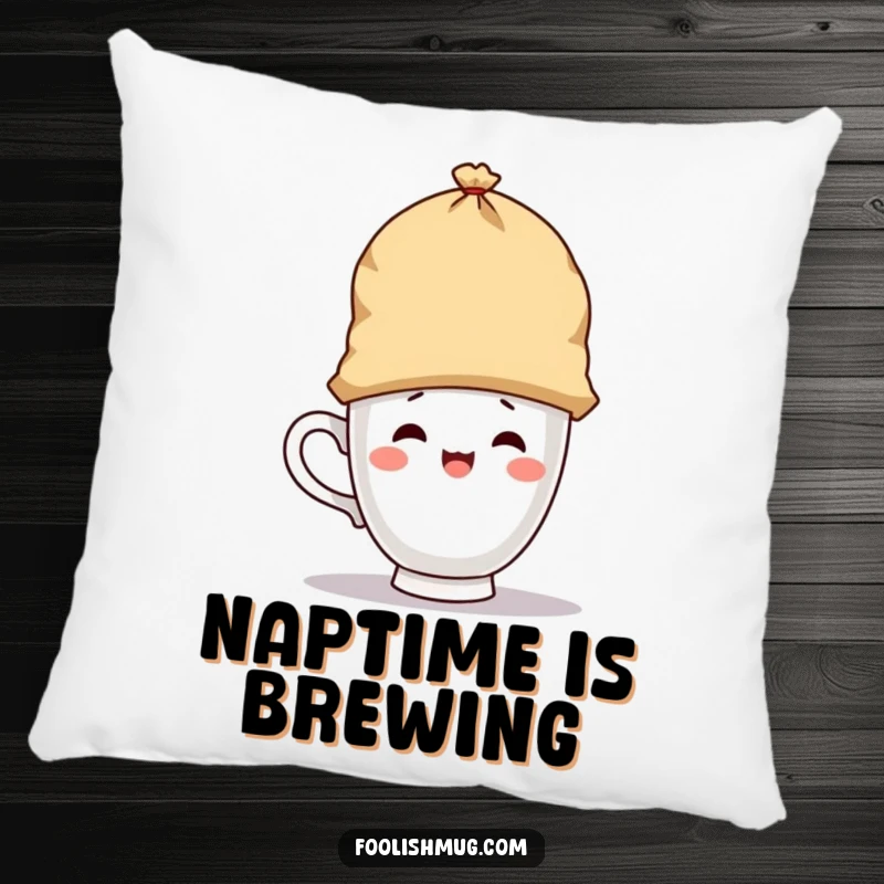 Funny pillow depicting a playful teacup character wearing a giant teabag as a hat, providing comfort and whimsical humor as a funny gift.