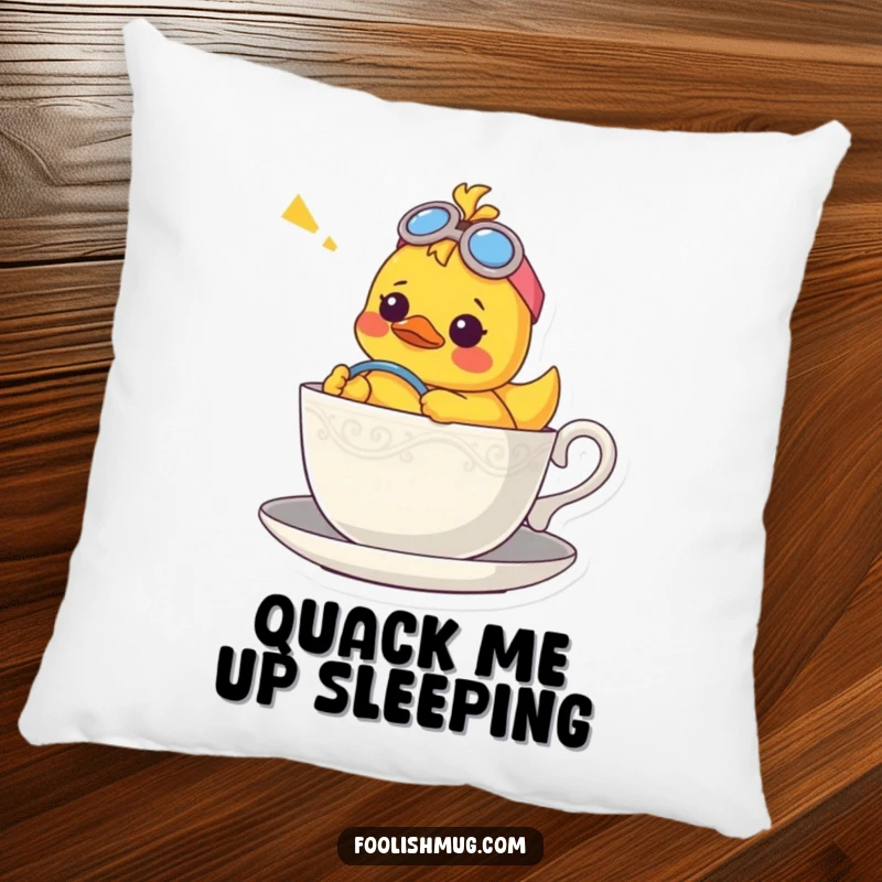 Funny pillow featuring a confused rubber ducky character piloting a teacup, perfect for adding a touch of whimsy.