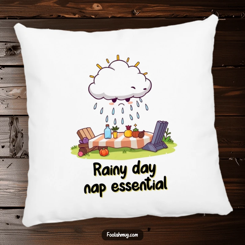 Funny pillow featuring a scowling cloud trying to rain on a sunny picnic, offering humorous comfort and a relatable mood.