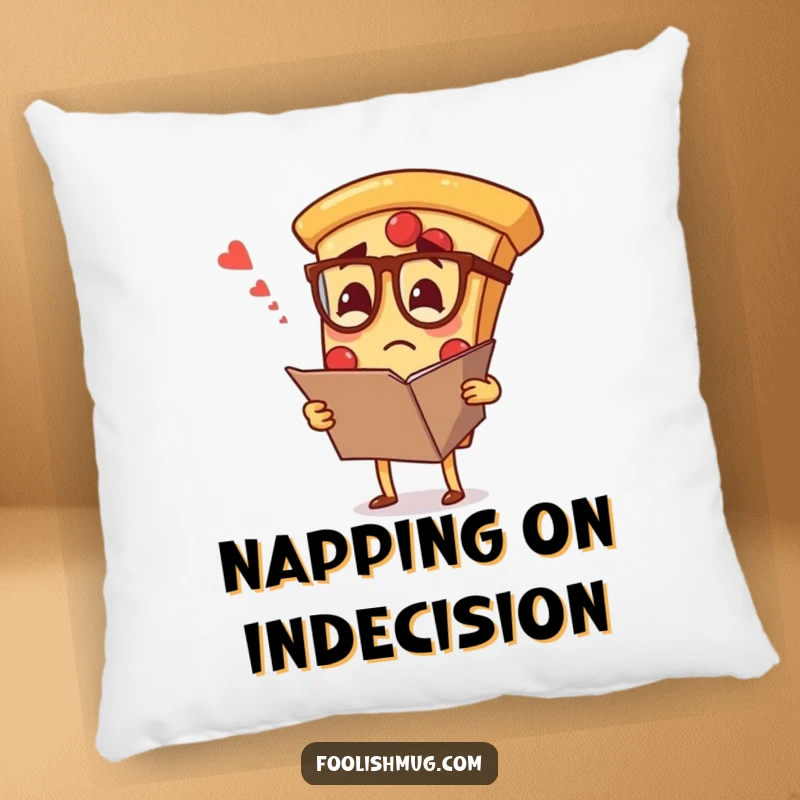 Funny pillow with a pizza slice character wearing glasses, looking confused at a menu, offering cozy humor.