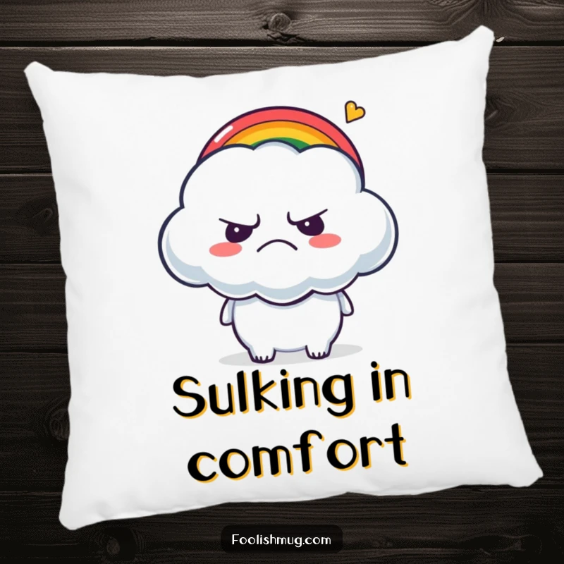 Funny Pillow: A grumpy cloud character being tickled by a small, cheerful rainbow, adding a cozy vibe.
