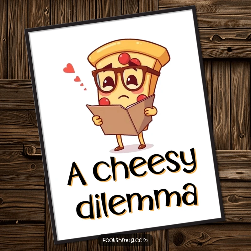 Funny digital art print of a pizza slice wearing spectacles, looking confused at a large menu, adding whimsical appeal.