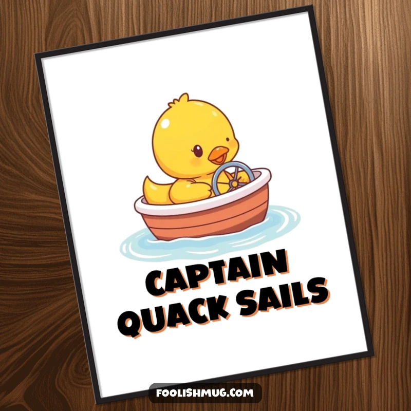 Funny rubber ducky character humorously steering a tiny bathtub boat, presented as a downloadable digital art print.