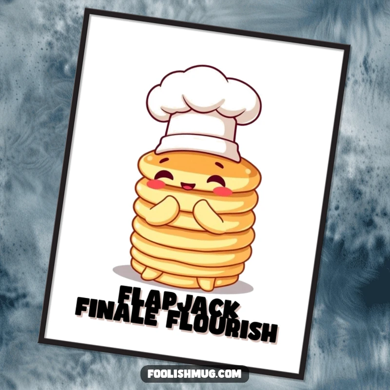 Funny pancake digital art print, wobbly stack wearing a tiny chef hat, comically attempting to bow, conveying humorous culinary ambition.