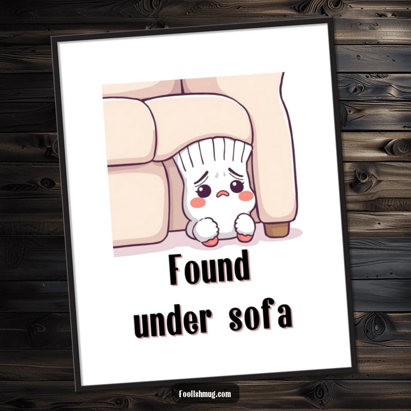 Funny Digital Art Print: A flustered sock character peeking out from under a sofa, ready to bring smiles.