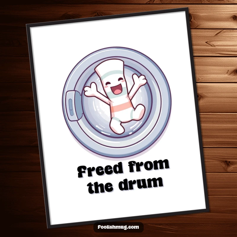 Funny sock character dancing wildly out of a washing machine in a digital art print, capturing a moment of mischievous escape.