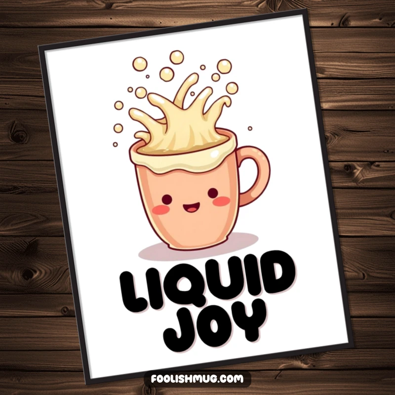 Funny Digital Art Print: A cheerful coffee mug character overflowing with bubbly, happy liquid.