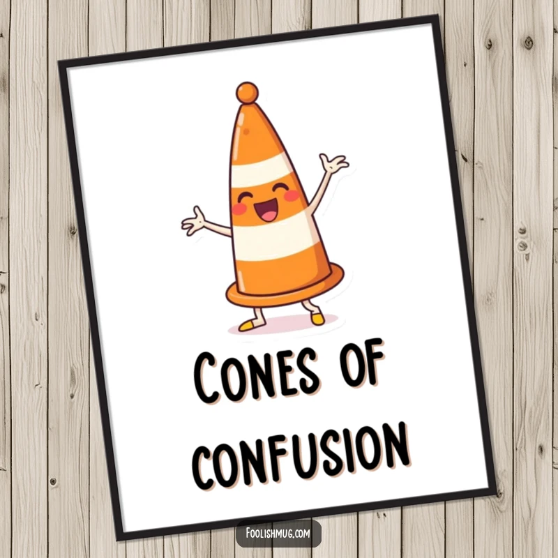 Funny traffic cone digital art print, enthusiastically dancing and comically blocking its own path, conveying humorous self-imposed obstacles.