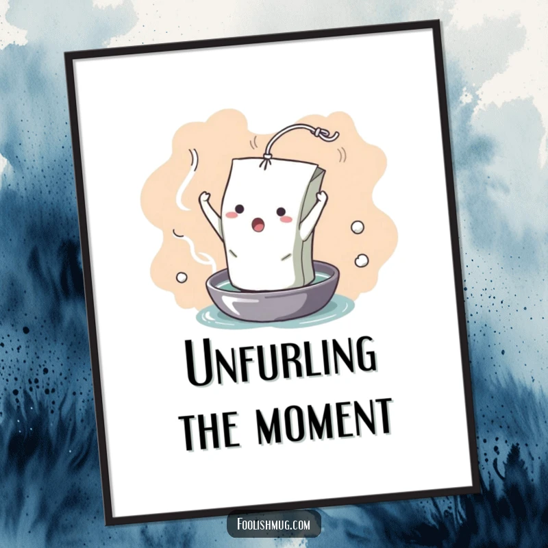 Funny Digital Art Print: A dramatic teabag character hilariously unfurling into hot water, capturing a moment of comedic surrender. Instant humorous decor.