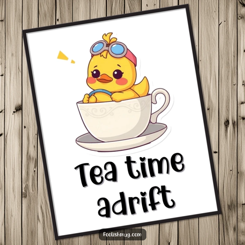 Funny digital art print of a confused rubber ducky character comically piloting a teacup boat with a whimsical flair.