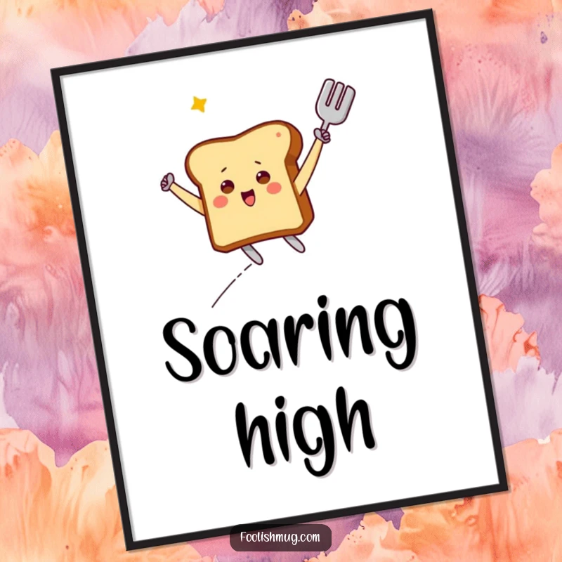 Funny Digital Art Print: A dramatic piece of toast character soaring on a spatula, capturing a moment of breakfast triumph.