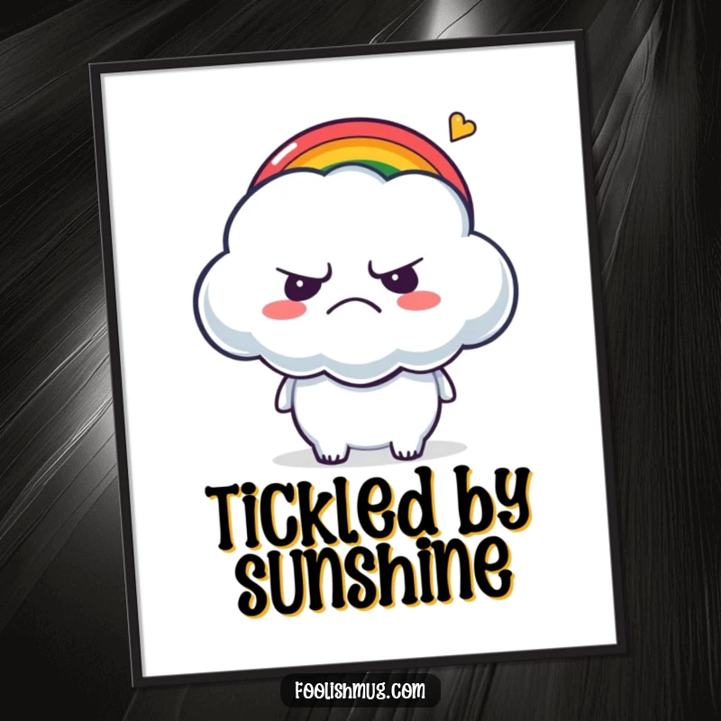 Funny Digital Art Print: A grumpy cloud character being tickled by a tiny, cheerful rainbow.