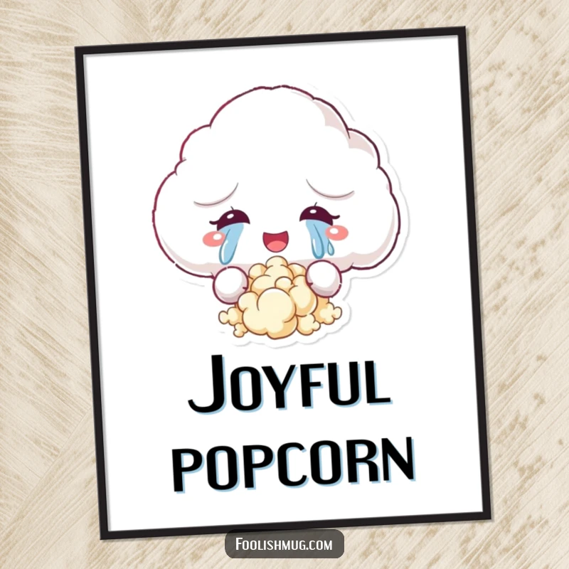 Funny digital art print of a fluffy cloud character shedding tears of joy that transform into popcorn, capturing a whimsical and happy moment.