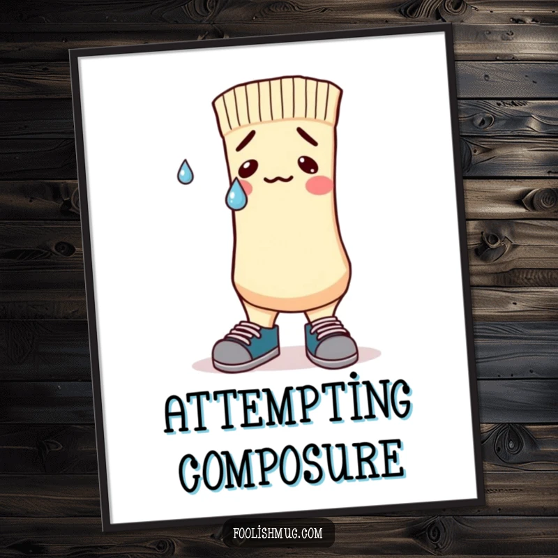 Funny Digital Art Print of a nervous sock character with mismatched shoes and a sweatdrop, for online or home decor.