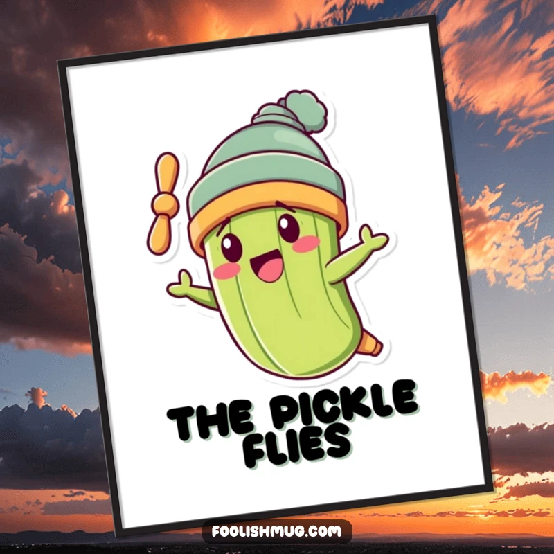 Funny pickle character wearing a propeller beanie, flying crookedly on a humorous digital art print.