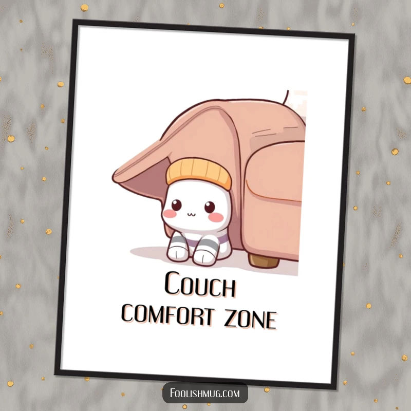 Funny Shy Sock Digital Art Print: A shy sock humorously peeks from under a couch, creating a relatable and funny piece of art.