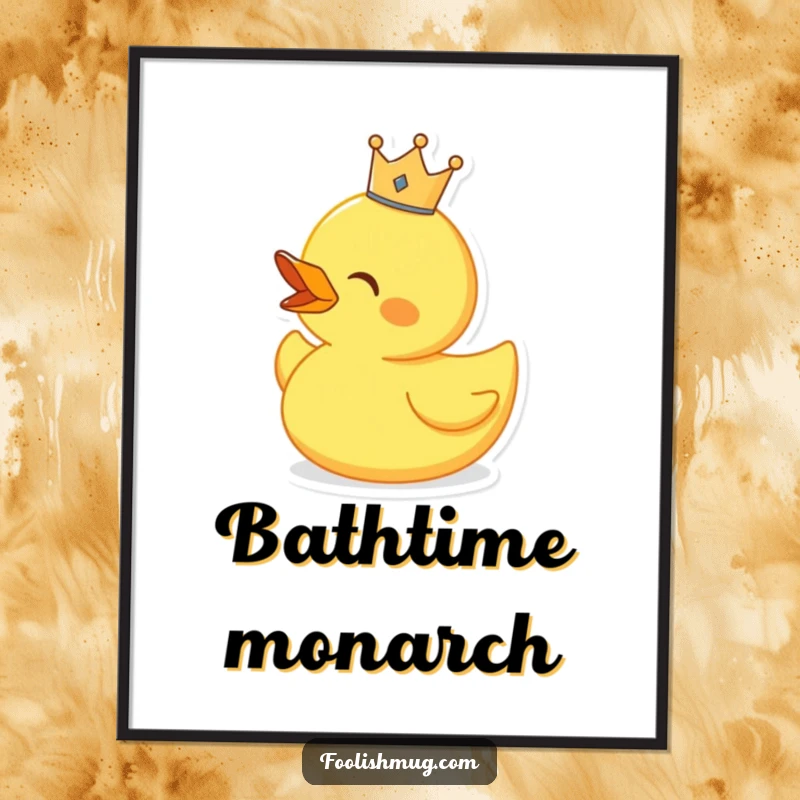 Funny singing rubber duck wearing a tiny crown, as a downloadable digital art print, offering melody.