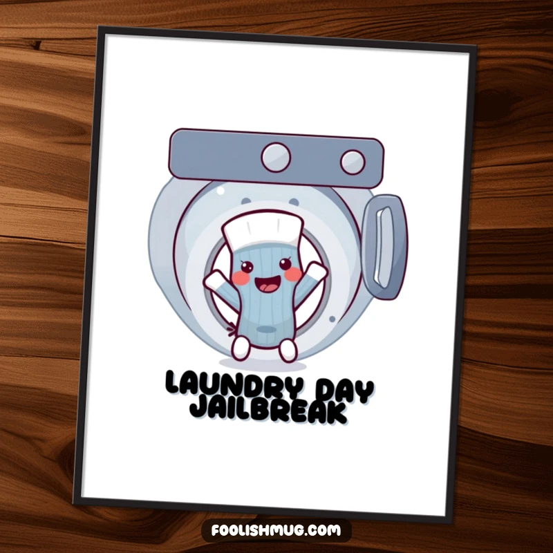 Funny anthropomorphic sock character in a frantic escape from a washing machine, vibrant digital art, a funny gift.