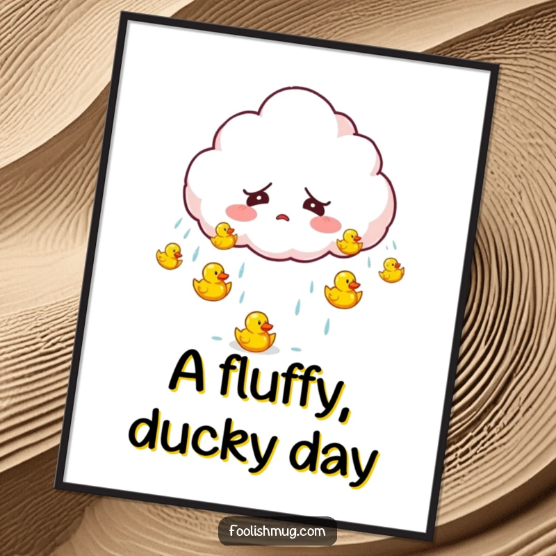 Funny startled cloud character accidentally raining tiny bouncing rubber ducks on a digital art print, perfect for whimsical decor.
