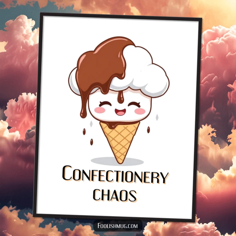 Funny digital art print of a giggling cloud character raining chocolate syrup on a confused ice cream cone, bringing dessert humor instantly as a funny gift.