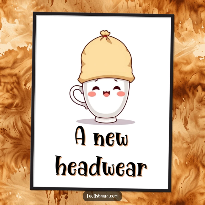 Funny digital art print of a playful teacup character wearing a giant teabag as a hat, bringing whimsical charm instantly as a funny gift.