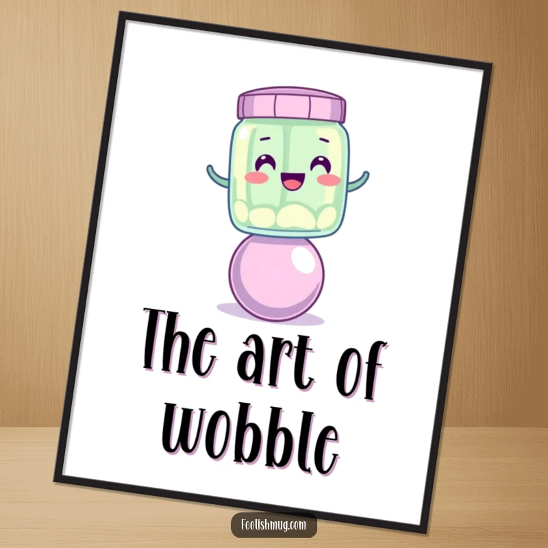 Funny wobbly jelly jar character trying to balance on a bouncing ball, in a humorous digital art print.