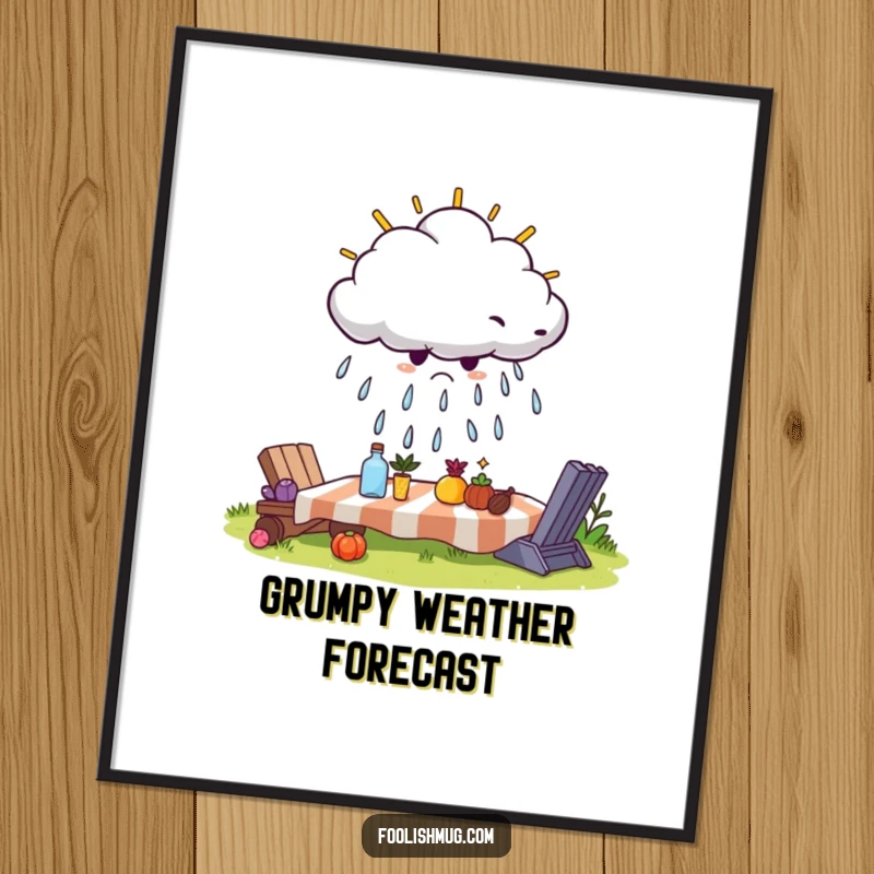 Funny digital art print of a scowling cloud attempting to rain on a sunny picnic, conveying a humorous sense of gentle negativity.