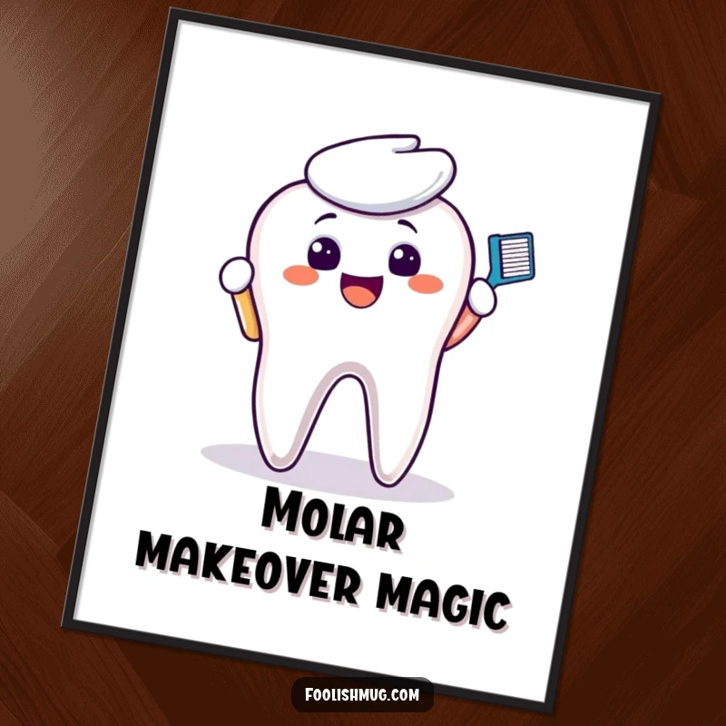 Funny Digital Art Print: A smiling toothbrush character cleaning a molar, creating instant dental humor.