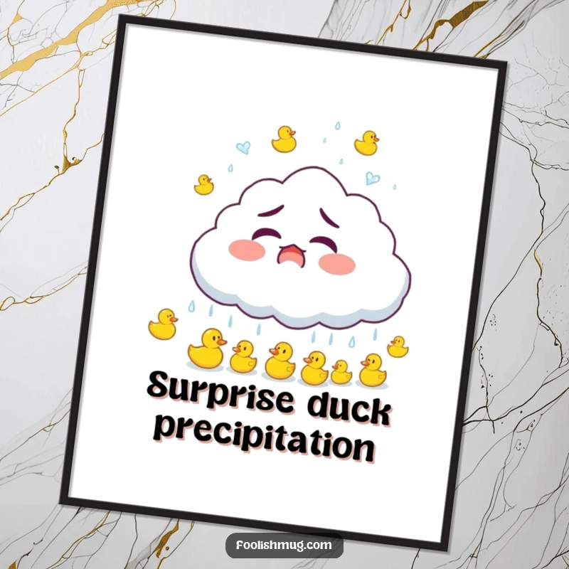 Funny startled fluffy cloud raining small bouncing rubber ducks, vibrant digital art, a unique funny gift.