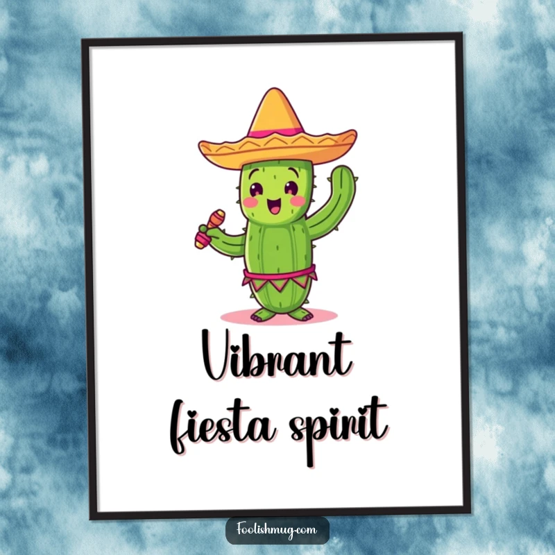 Funny dancing cactus in a sombrero, shaking maracas, as a downloadable digital art print.