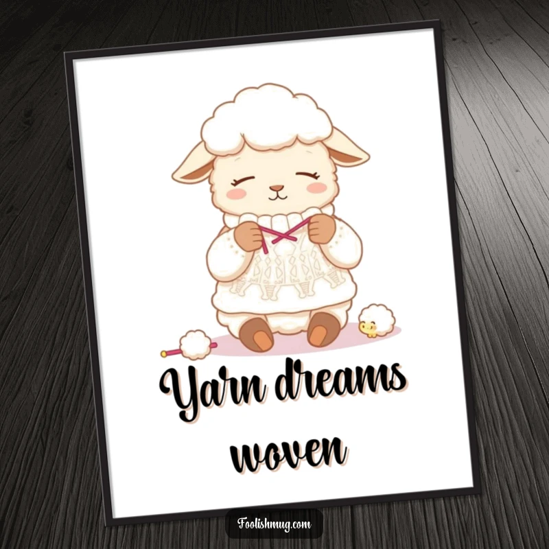 Funny sheep digital art print, showing a sleepy sheep humorously knitting a sweater from its own wool, instantly downloadable quirky decor.