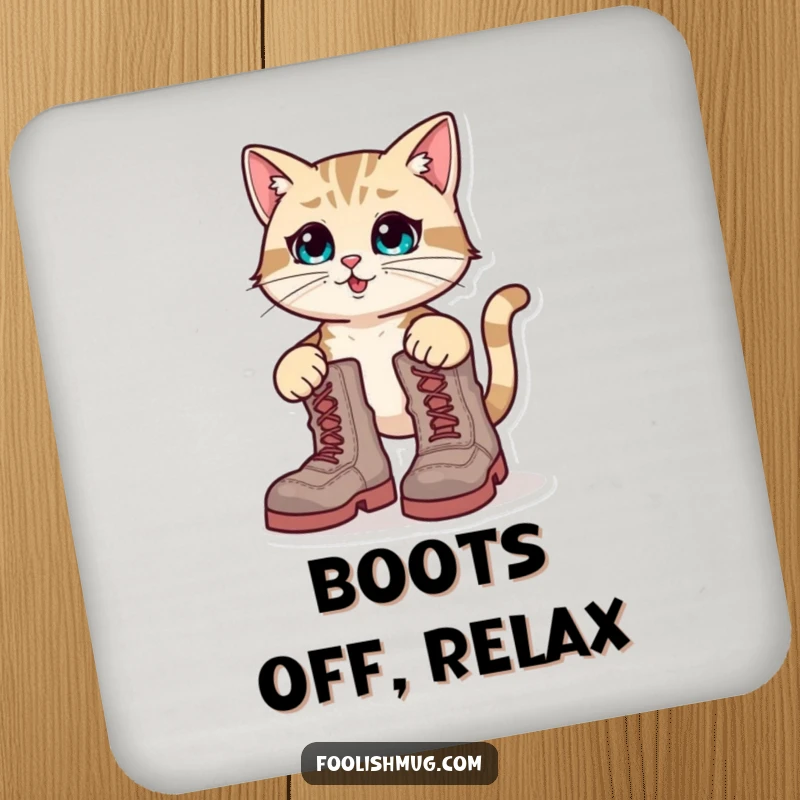 Funny Coaster: A cat comically attempting to wear oversized boots, adding a humorous touch to surfaces.