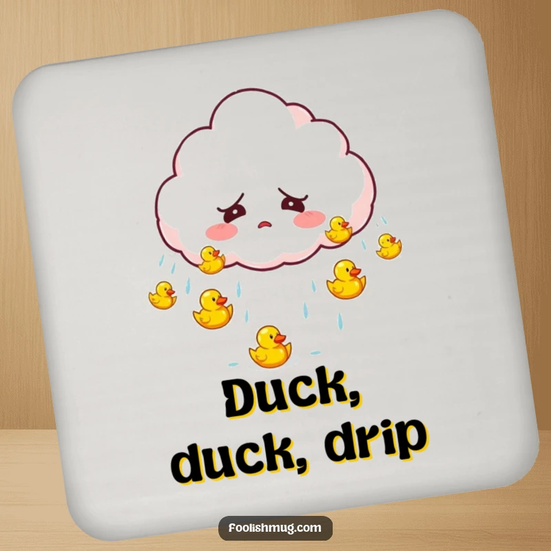 Funny startled cloud character accidentally raining tiny bouncing rubber ducks on a drink coaster, protecting surfaces with humor.