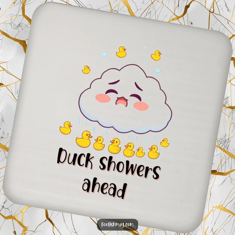 Funny startled cloud character raining tiny bouncing rubber ducks, a whimsical and humorous drink coaster, a sweet funny gift.